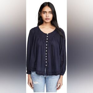 We The Free Cool Meadow Button Down Navy Blue Top Size Small